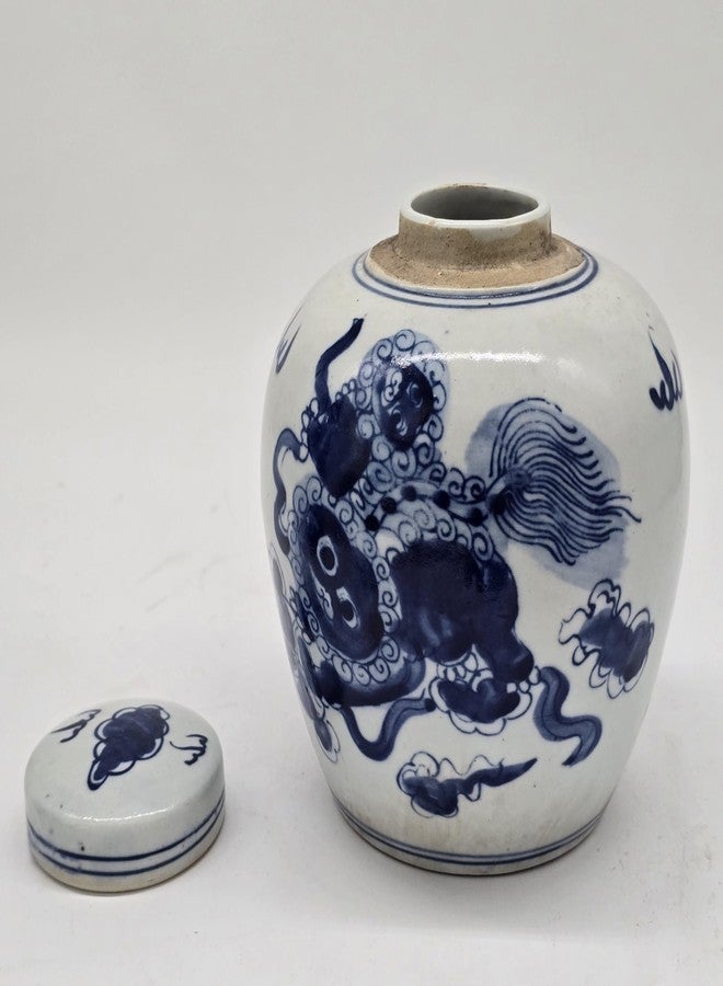 Festcool Retro Antique Like Style Blue and White Porcelain Lion Dancing Ceramic Covered Ginger Jar Vase, China Ming Style, Jingdezhen (LJ2) - Image 4